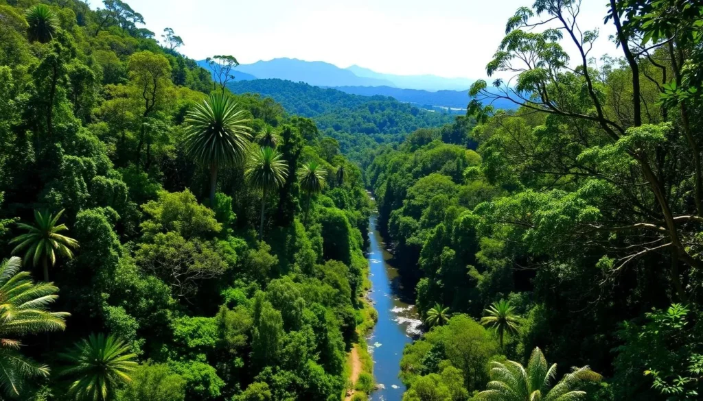Lush, verdant rainforest canopy of Conway National Park, Queensland, Australia. Sun-dappled trails wind through a diverse ecosystem of towering eucalyptus, ancient ferns, and vibrant birdlife. In the foreground, a meandering creek cuts through the landscape, its crystal-clear waters reflecting the surrounding greenery. Distant ridges and peaks rise majestically, shrouded in a hazy blue mist. A sense of tranquility and adventure permeates the scene, inviting the viewer to explore this natural wonder. Captured with a wide-angle lens to convey the grandeur of the park, the image exudes a serene, atmospheric quality.