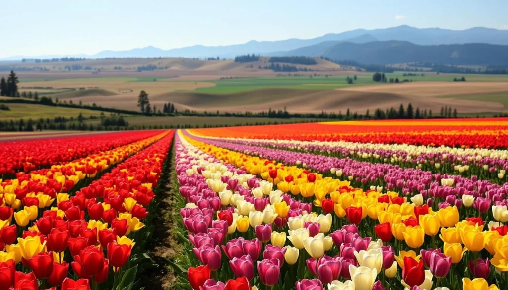 Lush, vibrant tulip fields stretch across the fertile Skagit Valley, their petals swaying gently in the soft breeze. Capture a sun-dappled scene of this annual springtime spectacle, with rows of blooms in a rainbow of colors - crimson, gold, lavender, and white - against a backdrop of rolling hills and distant mountain peaks. Showcase the tranquil, pastoral charm of the region, with a warm, natural lighting that casts a gentle glow over the serene landscape. Utilize a wide-angle lens to convey the scale and beauty of this picturesque setting, drawing the viewer into the heart of this vibrant, quintessential Pacific Northwest scene.