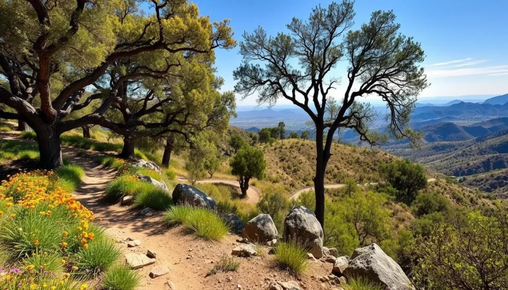 Lush, winding hiking trails meandering through the picturesque hills of Yorba Linda, California. Sunlight filters through the canopy of mature oak trees, casting a warm, golden glow over the rugged terrain. In the foreground, a well-maintained dirt path leads hikers past vibrant wildflowers and boulders, inviting exploration. The middle ground reveals distant ridges and canyons, hazy blue under a cloudless sky. Capture the serene tranquility of this outdoor oasis, a peaceful escape from the bustling suburbs beyond.