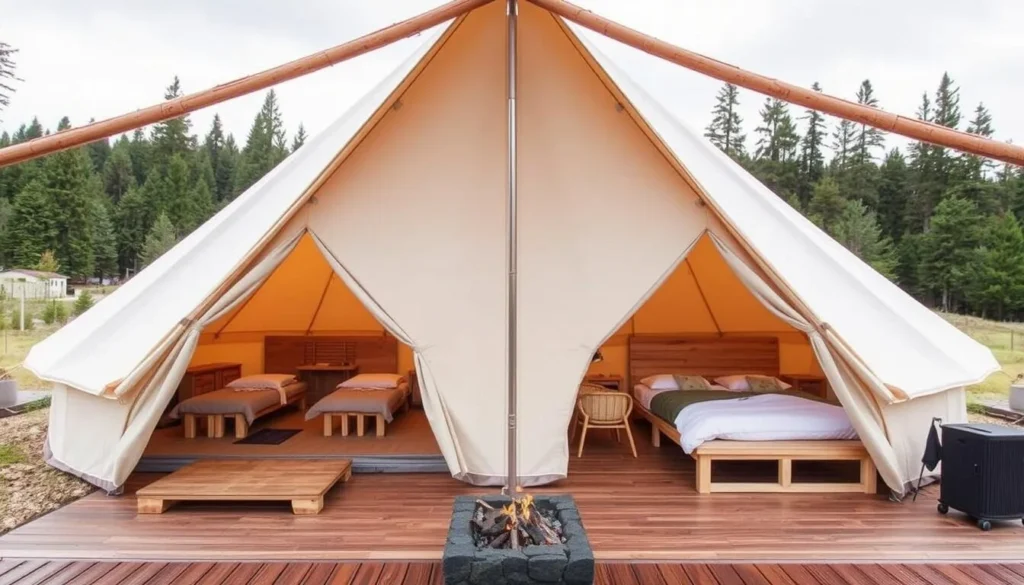 Luxurious canvas tents at Eastwind Hotel & Bar, equipped with Scandinavian-inspired saunas.