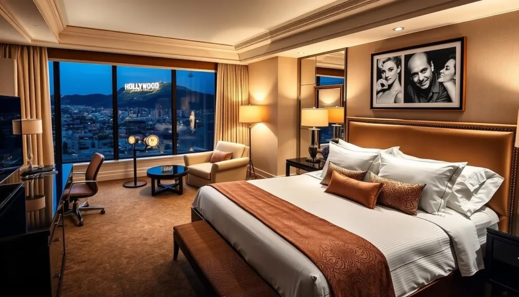 Luxurious hotel room in Hollywood with city views and elegant decor Luxurious hotel room in Hollywood with city views and elegant decor