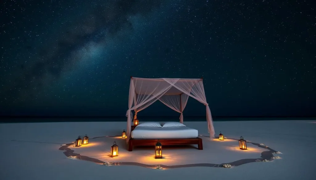 Luxury bed setup on private sandbank under starry Maldives sky