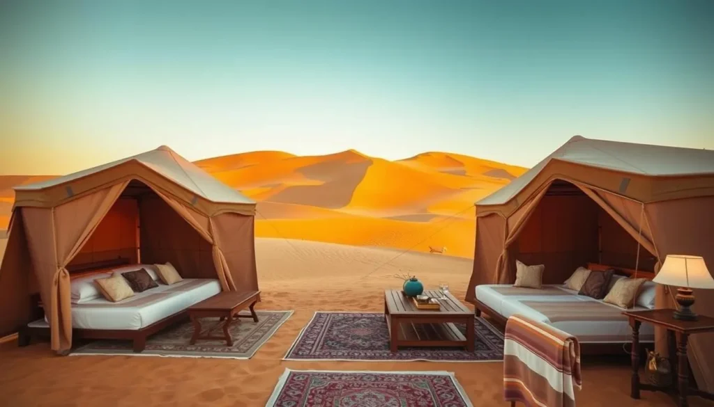 Luxury desert camp in Wahiba Sands with traditional tents and dunes at sunset