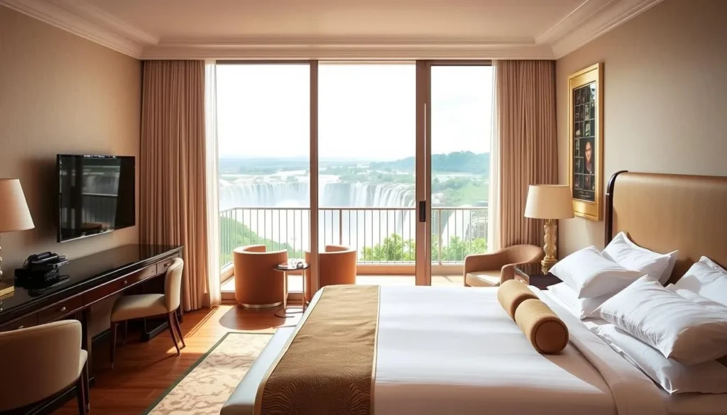 Luxury hotel room with balcony overlooking Iguazu Falls in Puerto Iguazú