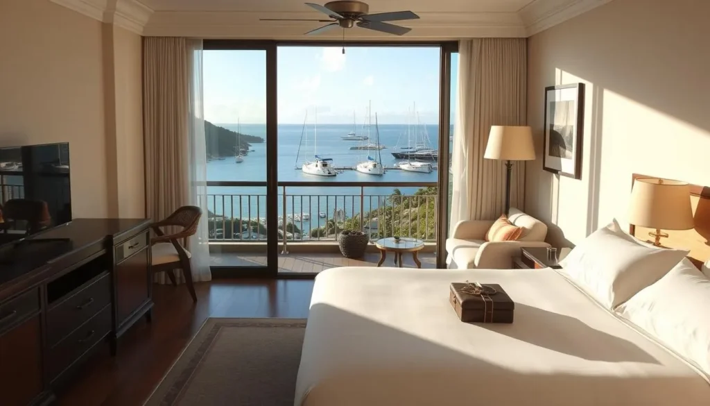 Luxury hotel room with balcony overlooking Road Town harbor and the Caribbean Sea Luxury hotel room with balcony overlooking Road Town harbor and the Caribbean Sea