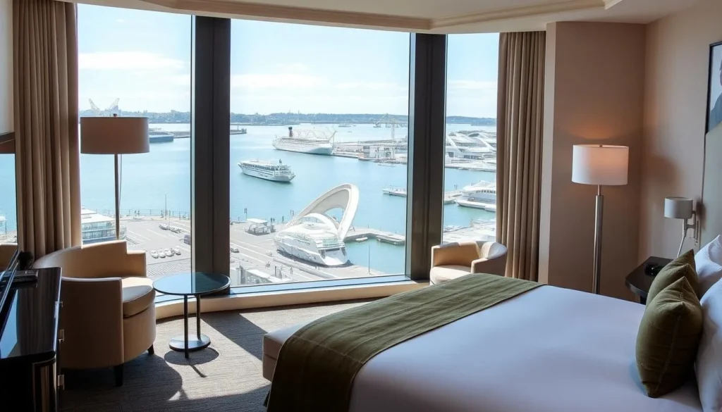 Luxury hotel room with harbor views in Newcastle's Honeysuckle district