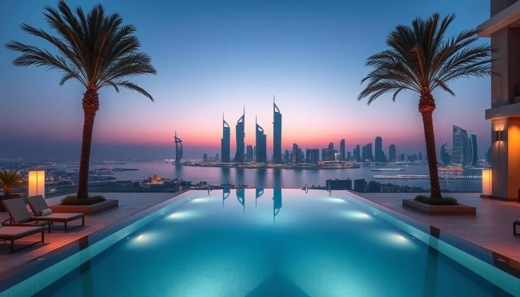 Luxury hotel with pool overlooking Doha skyline, perfect base for experiencing Qatar's best things to do