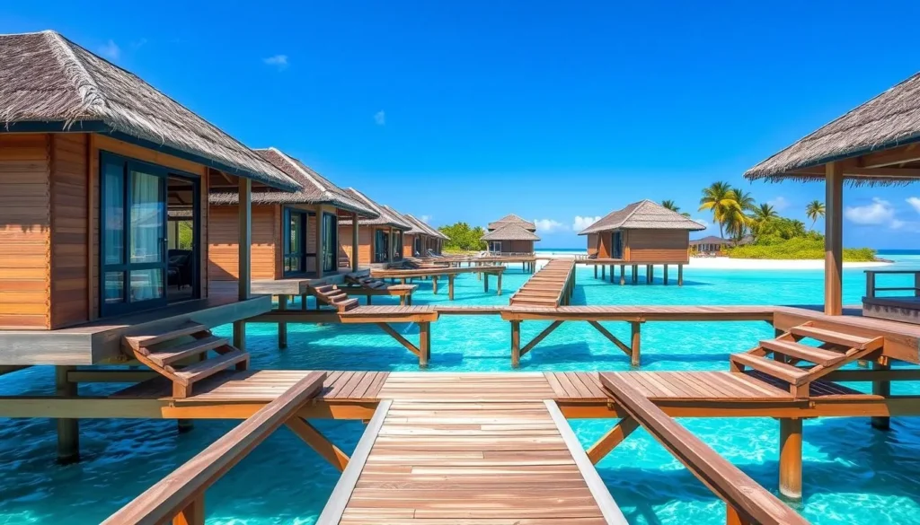 Luxury overwater bungalows in Fiji with steps leading into clear blue lagoon
