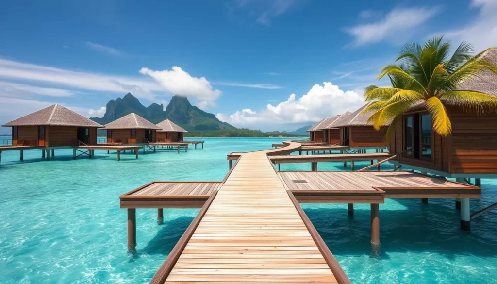 Luxury overwater bungalows in Mauritius with stunning ocean views and mountain backdrop