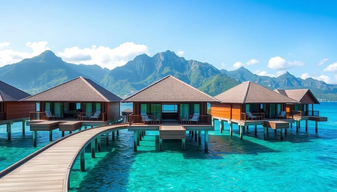 Luxury overwater bungalows in Seychelles with mountain backdrop