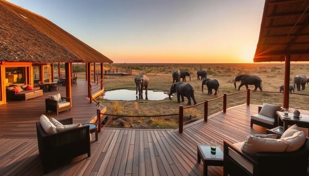 Luxury safari lodge overlooking a waterhole with elephants in Kruger National Park, South Africa best things to do Luxury safari lodge overlooking a waterhole with elephants in Kruger National Park, South Africa best things to do