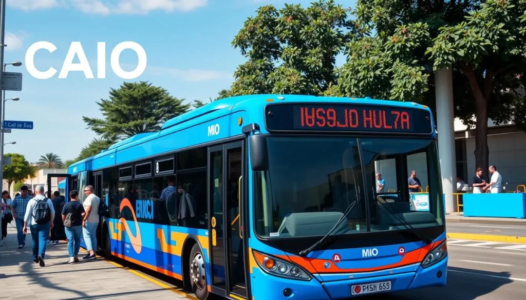 MIO bus system in Cali Colombia with passengers boarding MIO bus system in Cali Colombia with passengers boarding