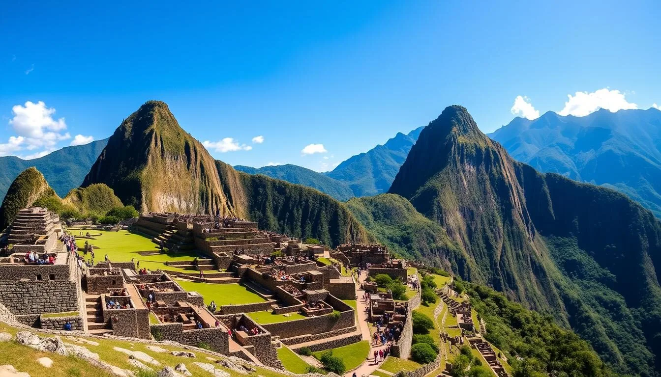 Machu Picchu panoramic view with tourists exploring the ancient Inca city