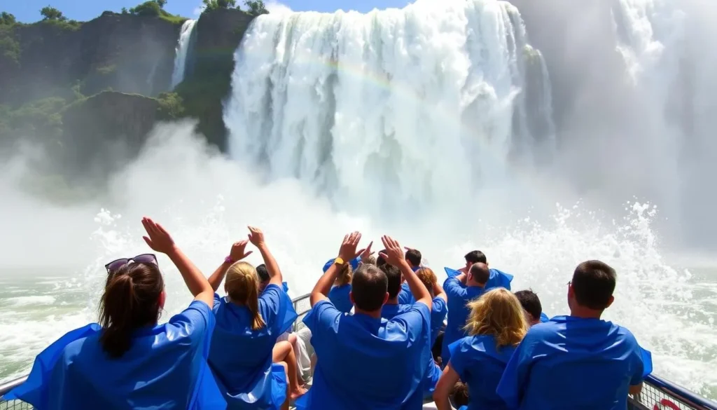 Macuco Safari boat approaching the base of Iguaçu Falls with excited tourists