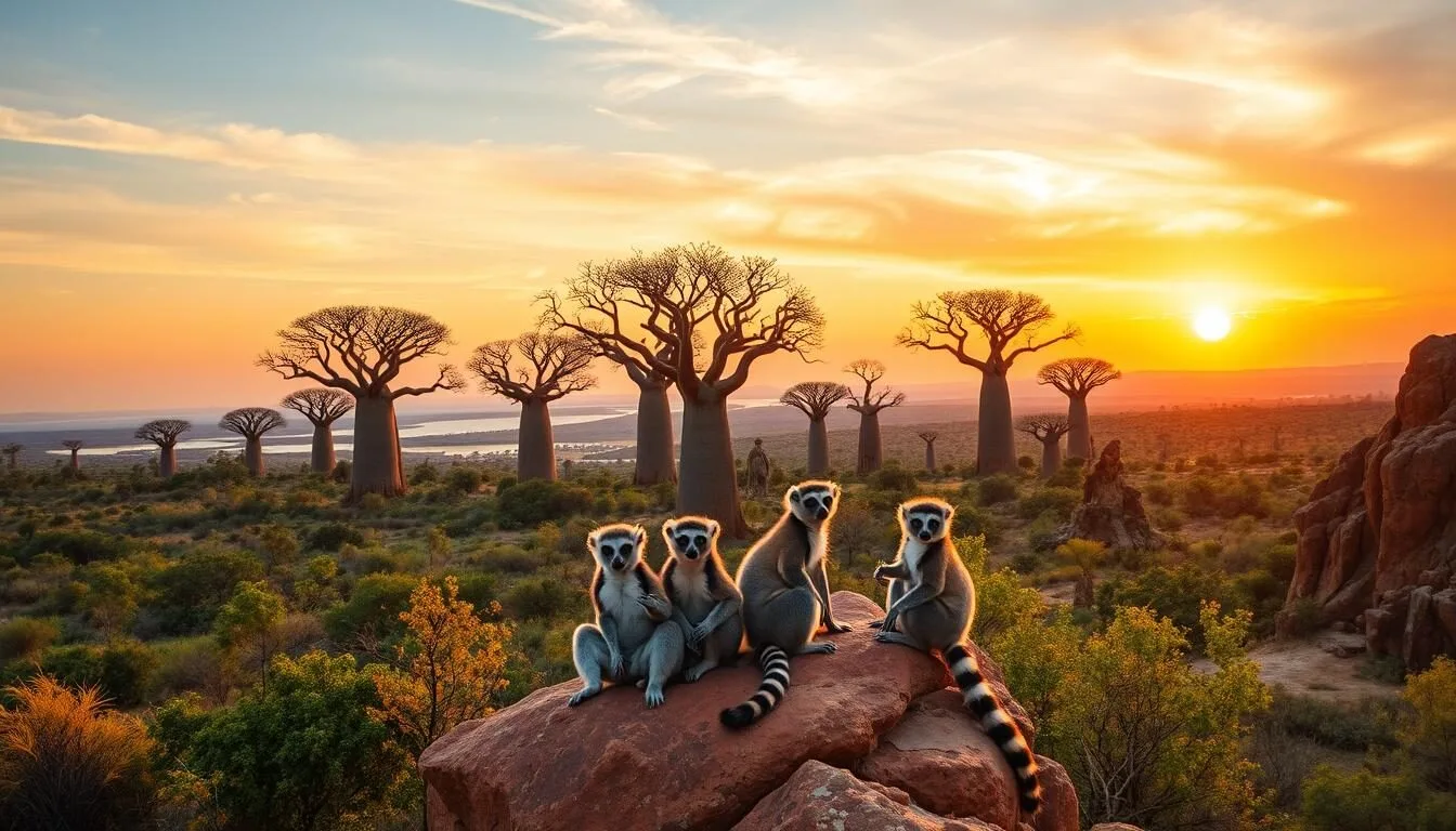 Madagascar landscape with baobab trees at sunset and lemurs in the foreground