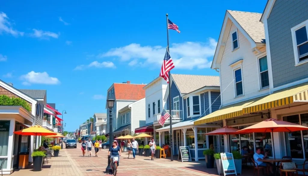 Main Street in Montauk village with shops and restaurants on a sunny day