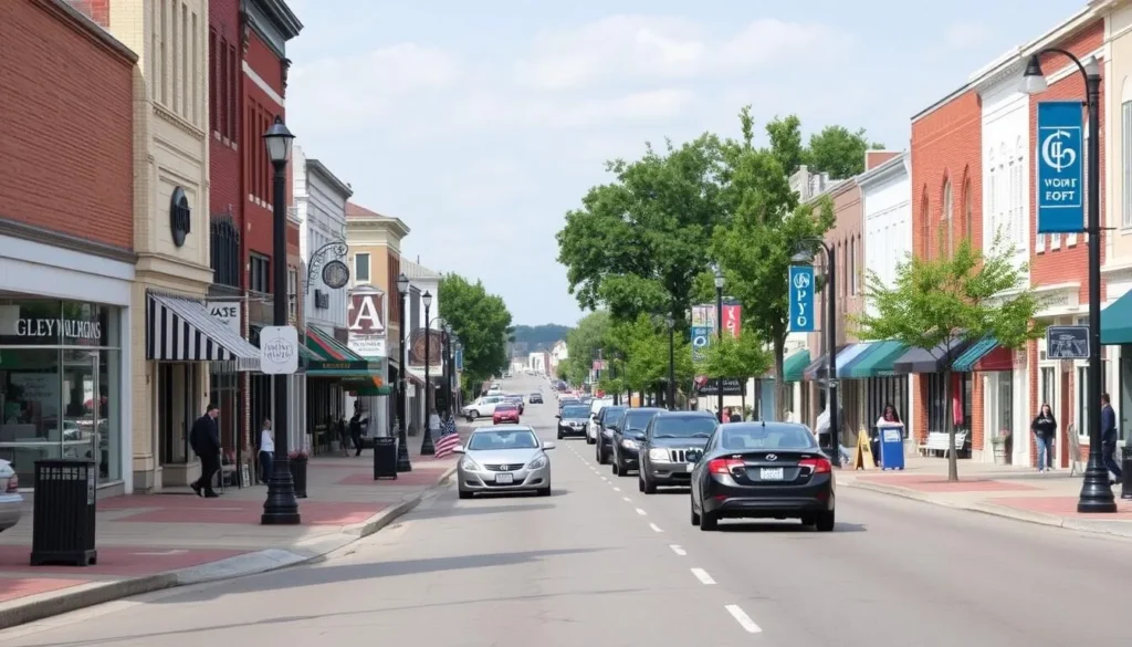 Main street in downtown Millsboro with cars and pedestrians
