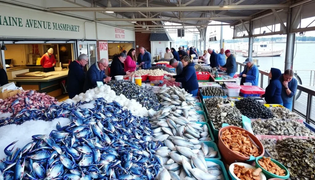 Maine Avenue Fish Market in Washington DC with fresh seafood displays