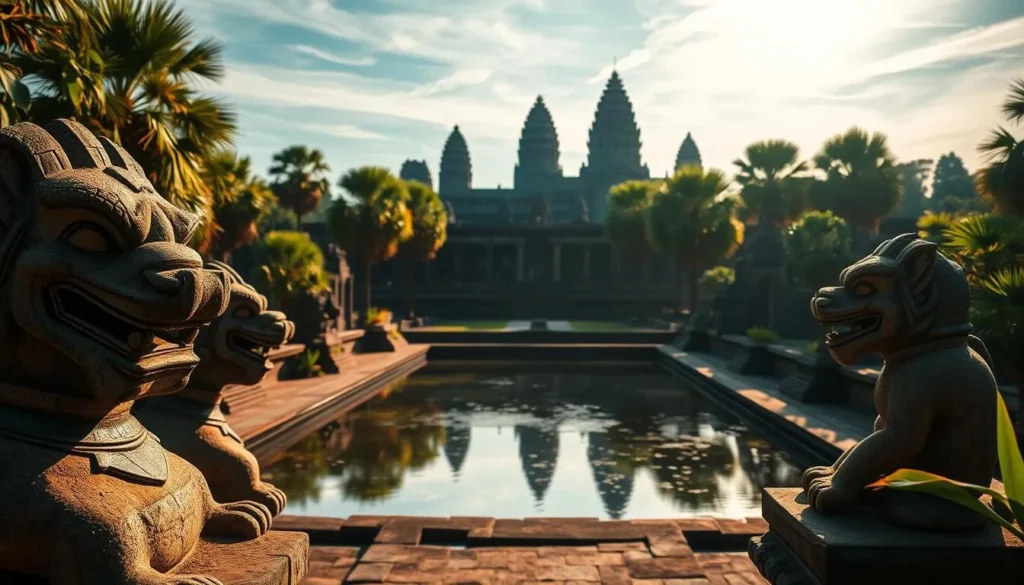 Majestic Angkor Wat temple complex, surrounded by lush tropical foliage, bathed in warm golden sunlight. In the foreground, carved stone figures of mythical creatures stand guard, their intricate details and weathered faces reflecting Cambodia's ancient history. The middle ground features a serene reflecting pool, mirroring the temple's iconic spires. In the background, a hazy blue sky with wispy clouds completes the tranquil, timeless atmosphere, inviting viewers to step into the rich heritage of this Southeast Asian wonder.