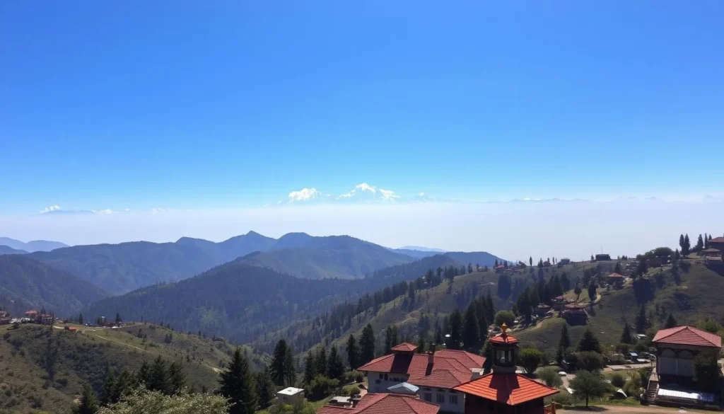 Majestic Himalayan peaks soar into a clear azure sky, their snow-capped summits glittering in the warm sunlight. Lush, rolling hills dotted with verdant pine forests stretch out below, leading the eye towards the distant horizon. A picturesque village nestled among the foothills, its traditional Nepali architecture and terracotta roofs contrasting beautifully with the dramatic mountainous backdrop. A serene, tranquil atmosphere pervades the scene, captured by a wide-angle lens to showcase the breathtaking panoramic vista. This is the essence of Nagarkot, Nepal's premier Himalayan viewpoint, where visitors can marvel at the majesty of the world's highest mountain range.