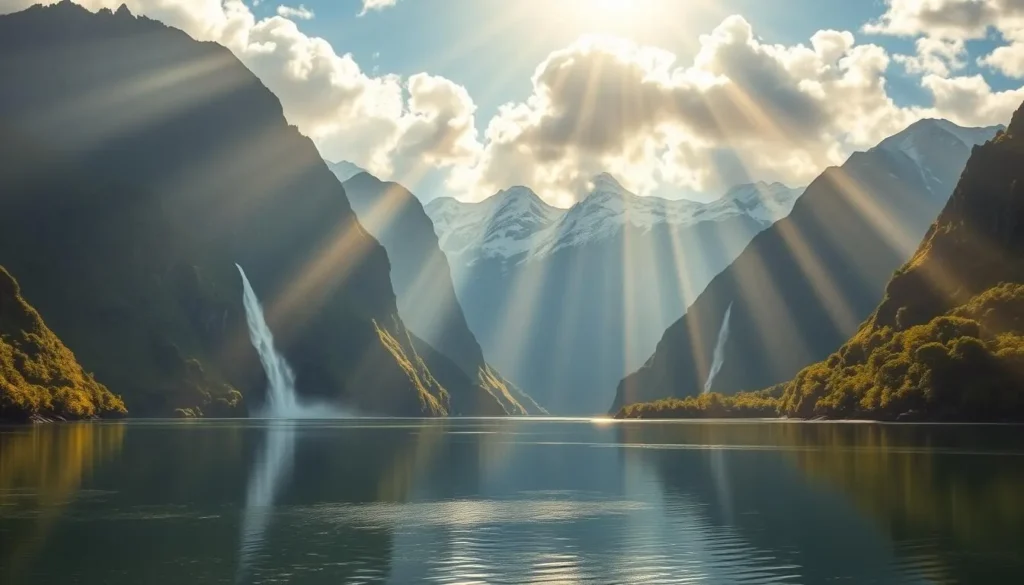 Majestic Milford Sound, a fjord landscape nestled in the heart of New Zealand's Fiordland National Park. Towering granite cliffs plunge into crystal-clear waters, cascading waterfalls spilling from lush, verdant peaks. Rays of golden sunlight filter through fluffy clouds, casting a warm, serene glow over the tranquil scene. In the foreground, a serene mirror-like lake reflects the awe-inspiring natural beauty surrounding it. Distant mountains rise up, their snow-capped summits reaching towards the heavens. Capture the essence of this "Eighth Wonder of the World" in a realistic, detailed landscape painting.