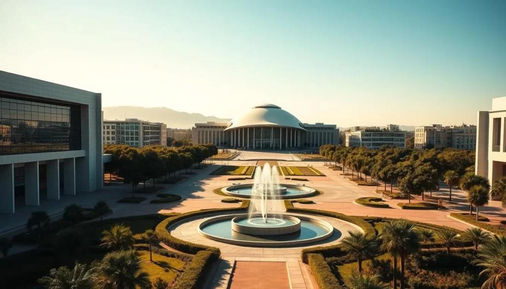 Majestic Three Powers Plaza, Brasília, Brazil on a sunny day. In the foreground, sleek, modern government buildings with clean, geometric architecture and gleaming glass facades. In the middle ground, a vast, open plaza with a large, circular water fountain, surrounded by lush, verdant gardens. In the background, the iconic, futuristic-looking National Congress building, its curved roof and twin towers reaching towards the clear, azure sky. The scene is bathed in warm, golden sunlight, creating a sense of grandeur and tranquility. Capture the harmonious blend of modernist design and natural elements that define this iconic civic center.