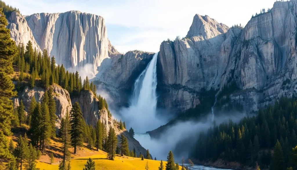 Majestic Yosemite Falls cascading over towering granite cliffs, surrounded by lush evergreen forests and sunlit meadows. Capture the grandeur of this iconic waterfall in Yosemite Valley, with a wide-angle lens showcasing the dramatic, multi-tiered structure and the mist-shrouded, rugged landscape. Depict the warm, golden light of a clear afternoon, illuminating the rushing waters and casting dramatic shadows on the weathered rock formations. Convey a sense of awe and wonder, inviting the viewer to immerse themselves in the natural beauty of this must-see Yosemite landmark.