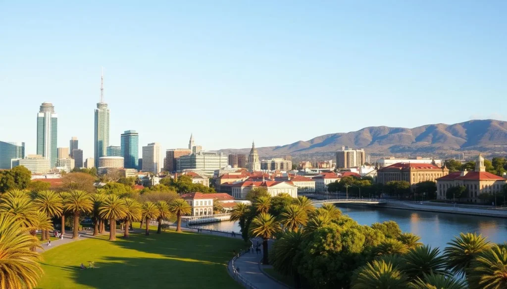 Majestic cityscape of Adelaide, the vibrant capital of South Australia. Capture the iconic skyline with towering skyscrapers, their glass facades glimmering in the warm afternoon sunlight. Situate the scene along the serene banks of the Torrens River, its calm waters reflecting the surrounding architecture. In the foreground, lush green parklands dotted with palm trees and lively pedestrians strolling along the riverfront promenade. In the middle ground, the distinct heritage buildings of North Terrace, their ornate facades and red-tiled roofs creating a charming contrast. Finally, in the distance, the picturesque Adelaide Hills rise up, their rolling slopes providing a stunning natural backdrop to the vibrant city below.