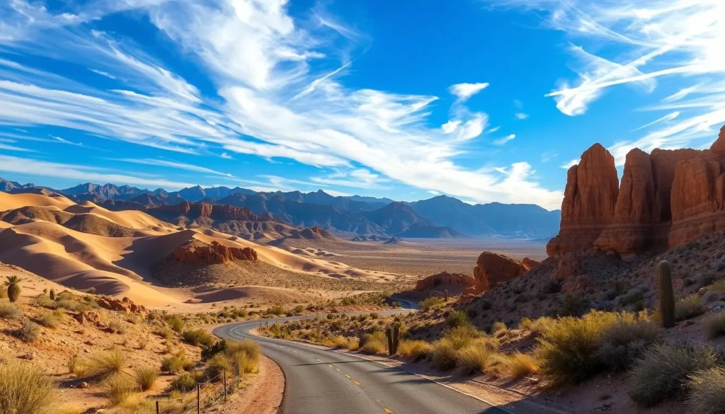 Majestic desert vistas of Henderson, Nevada, captured under a warm, golden sun. Rolling hills covered in shimmering sand dunes lead the eye to distant, rugged mountains. Wispy clouds drift across a vibrant azure sky, casting soft shadows upon the rugged terrain below. In the foreground, a winding desert road invites exploration, flanked by hardy desert flora and towering rock formations. The scene exudes a sense of tranquility and timeless beauty, perfectly capturing the essence of this captivating region.