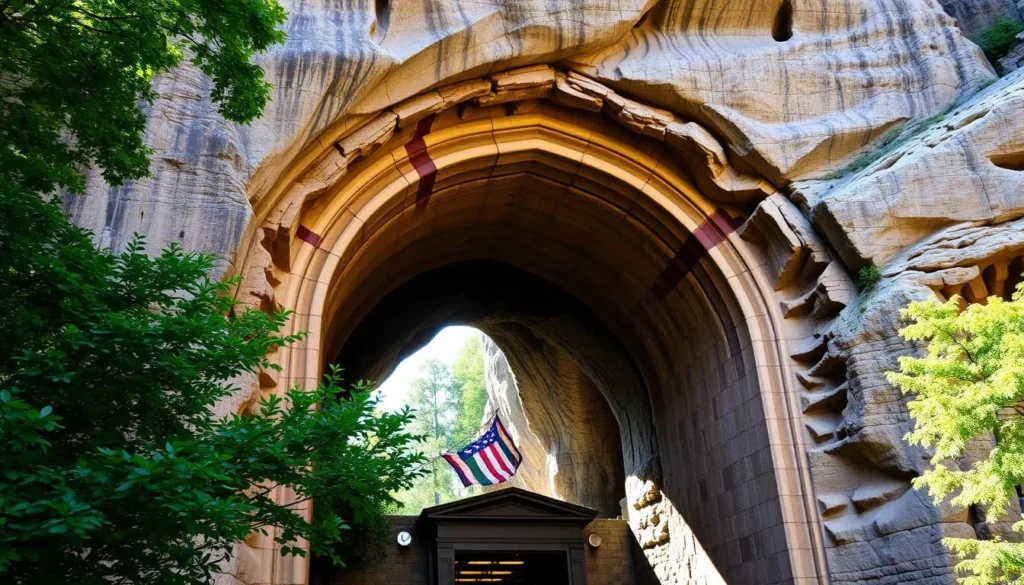 Majestic limestone archway, the historic entrance to Mammoth Cave National Park, Kentucky. Sunlight filters through the massive portal, casting warm shadows across the weathered stone facade. Lush foliage frames the scene, hinting at the natural wonders within. The grand, stately entryway stands as a gateway to a remarkable subterranean world, inviting visitors to explore this ancient geological marvel. Capture the awe-inspiring scale and timeless elegance of this iconic landmark, a testament to the park's rich history and natural heritage.