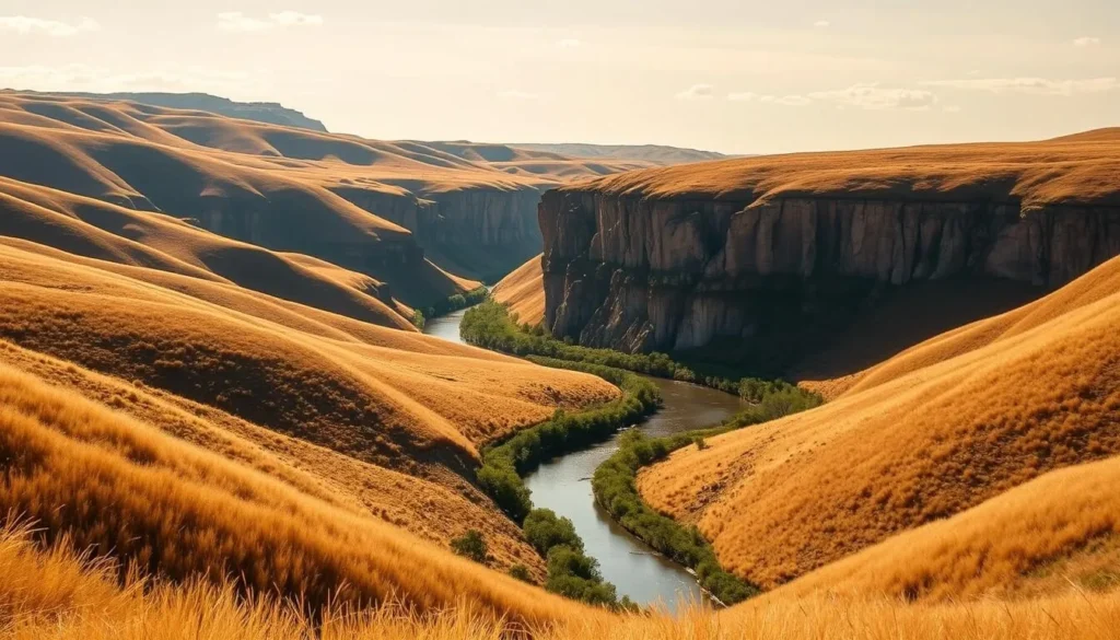 Majestic rolling hills, adorned with swaying golden grasses, stretch out towards the horizon under a warm, sun-dappled sky. In the middle ground, a winding river meanders lazily, its banks lined with lush, verdant vegetation. Towering, craggy cliffs rise up in the distance, their rugged surfaces casting dramatic shadows across the landscape. The scene exudes a sense of tranquility and timeless beauty, perfectly capturing the unique charm and natural wonder of South Australia.