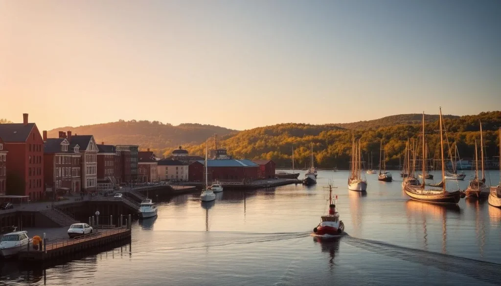 Majestic seaport nestled along the Kennebec River, the City of Ships stands tall with its iconic shipyards and bustling maritime activity. Capture the essence of this historic town - stately brick buildings line the waterfront, their reflections dancing on the calm waters. Sailboats and tugboats dot the harbor, their masts and funnels reaching skyward. In the background, rolling hills and lush greenery create a picturesque backdrop, bathed in warm, golden sunlight that casts a serene glow over the entire scene. Convey the thriving, industrious spirit of this coastal Maine community, where the timeless traditions of shipbuilding and seafaring continue to thrive.