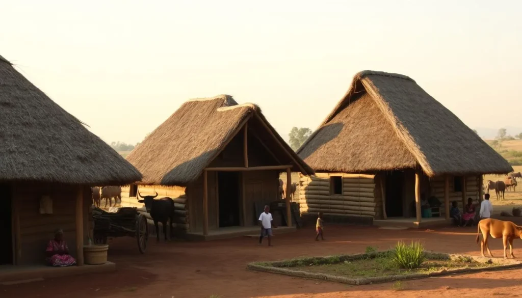 Malagasy village scene with traditional houses and daily life Malagasy village scene with traditional houses and daily life