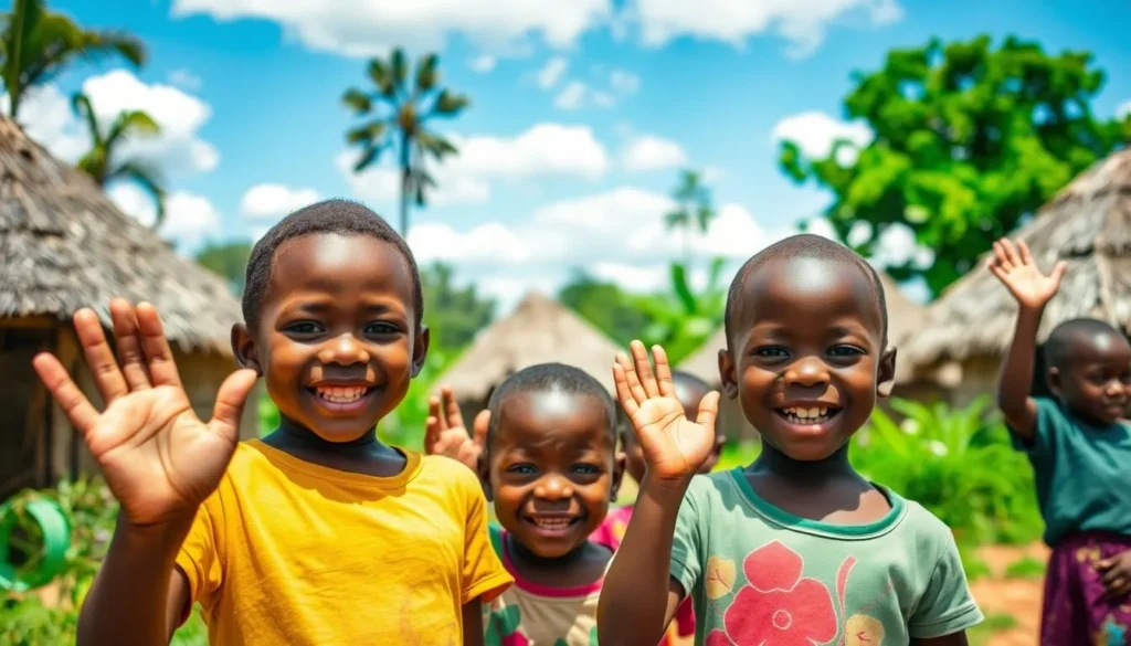 Malawian children smiling and waving in a rural village setting