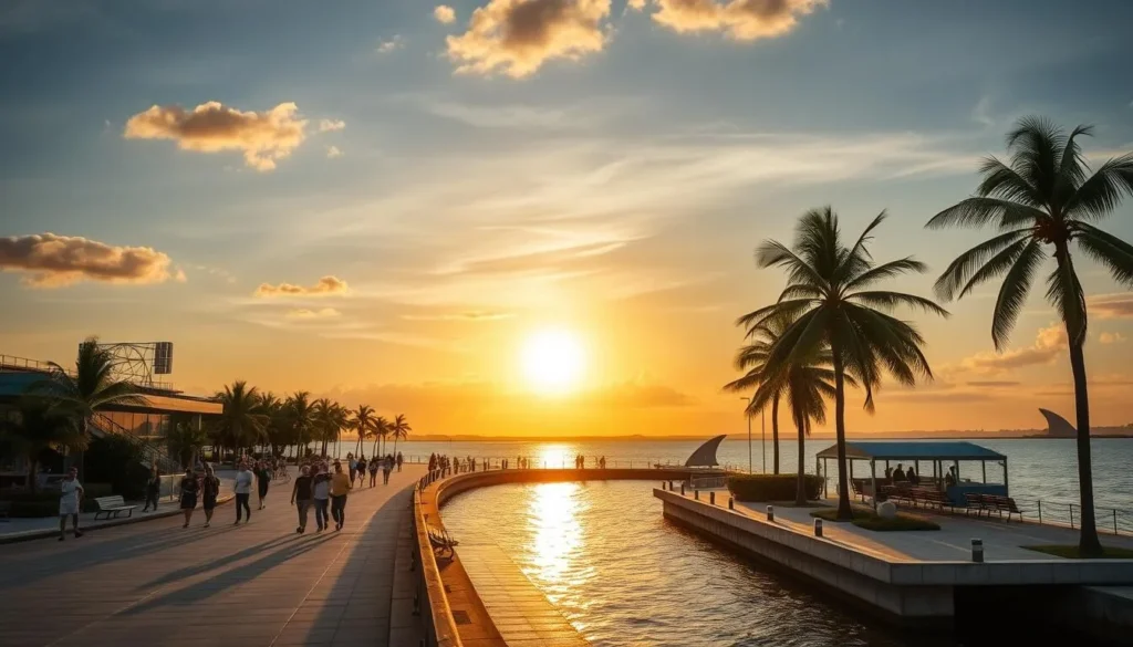 Malecón del Río boardwalk in Barranquilla at sunset with the Magdalena River and people enjoying the promenade Malecón del Río boardwalk in Barranquilla at sunset with the Magdalena River and people enjoying the promenade