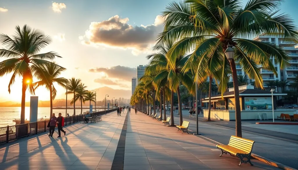 Malecón del Río in Barranquilla with people strolling along the riverfront promenade at sunset Malecón del Río in Barranquilla with people strolling along the riverfront promenade at sunset