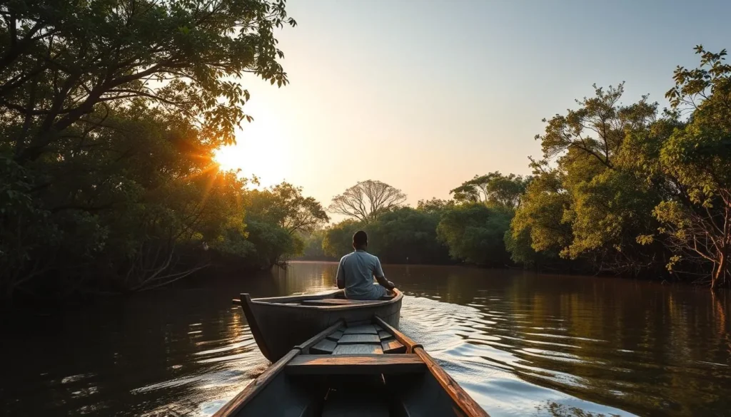 Mangrove waterways in the Sine-Saloum Delta with traditional pirogue boat Mangrove waterways in the Sine-Saloum Delta with traditional pirogue boat