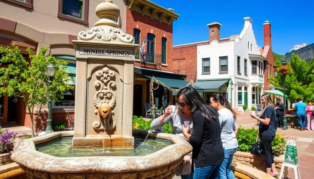 Manitou Springs Mineral Springs with historic fountain and visitors sampling water
