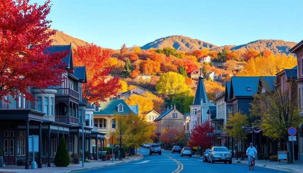 Manitou Springs in autumn with colorful fall foliage and historic buildings