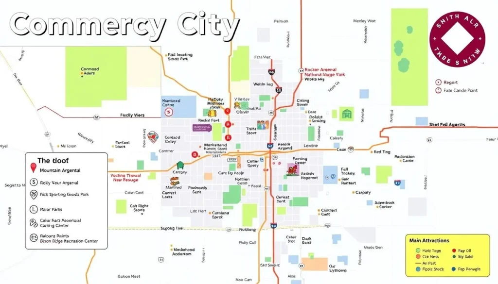 Map of Commerce City Colorado showing major attractions and transportation routes Map of Commerce City Colorado showing major attractions and transportation routes
