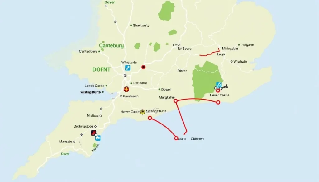 Map of Kent showing major attractions and suggested itinerary routes Map of Kent showing major attractions and suggested itinerary routes