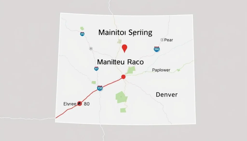 Map showing Manitou Springs' location in relation to Colorado Springs and Denver