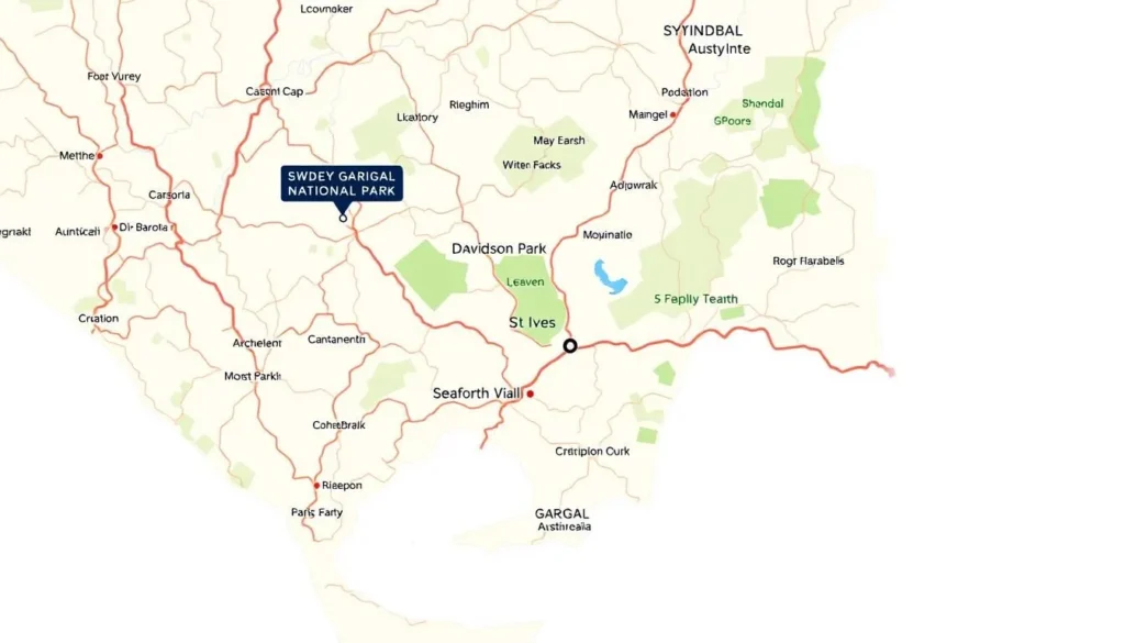 Map showing access points to Garigal National Park from Sydney with clear entrance markers Map showing access points to Garigal National Park from Sydney with clear entrance markers