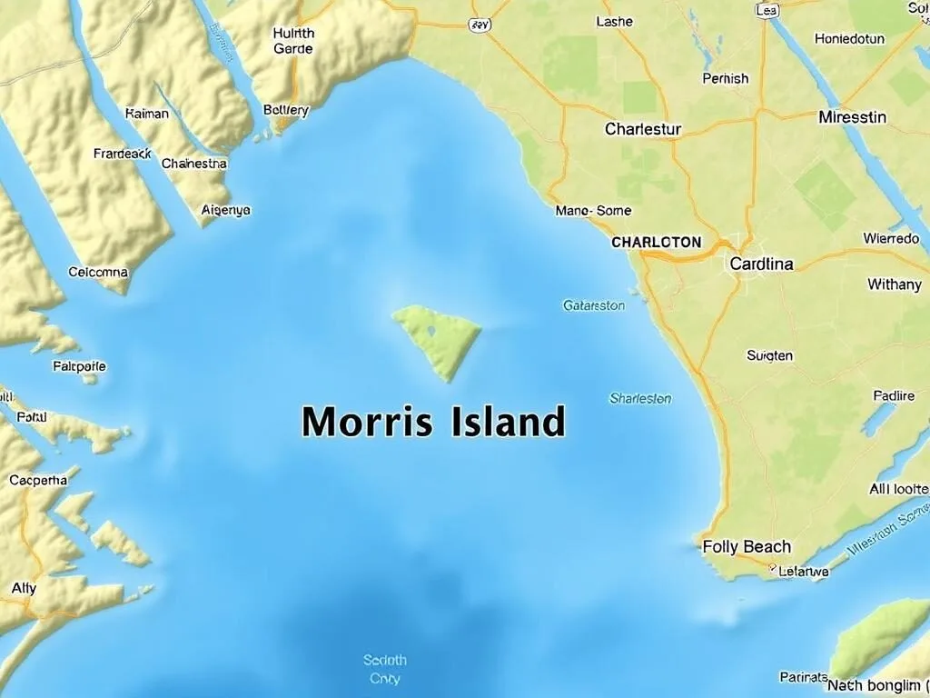Map showing the location of Morris Island in relation to Charleston and Folly Beach, South Carolina Map showing the location of Morris Island in relation to Charleston and Folly Beach, South Carolina