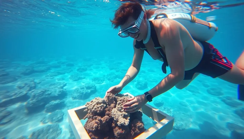 Marine biologist and tourist planting coral fragments in Maldives lagoon