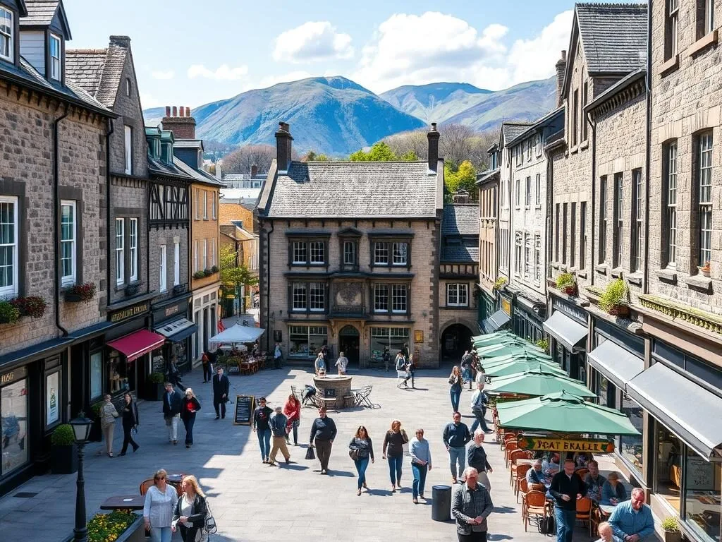 Market square in Keswick town with shops and cafes in the Lake District Market square in Keswick town with shops and cafes in the Lake District