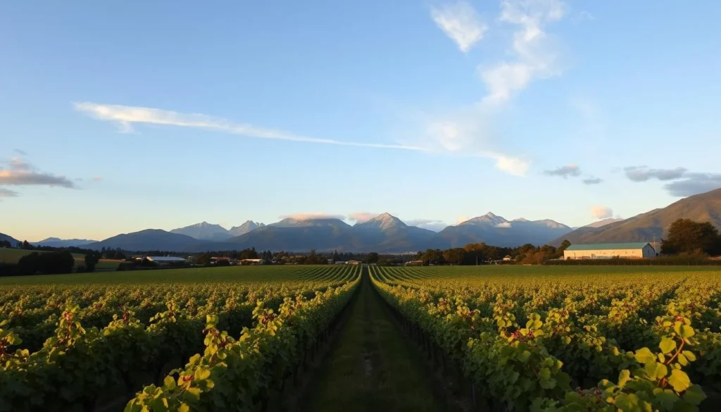 Marlborough vineyards with mountains in background, famous New Zealand wine region Marlborough vineyards with mountains in background, famous New Zealand wine region