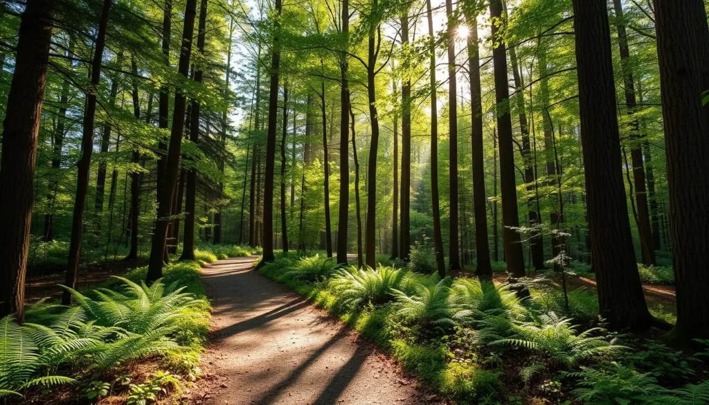 Marsh-Billings-Rockefeller National Historical Park trails through forest with sunlight filtering through trees