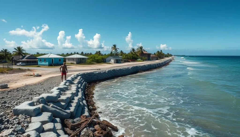 Marshall Islands coastal area showing climate change impacts with protective seawall Marshall Islands coastal area showing climate change impacts with protective seawall