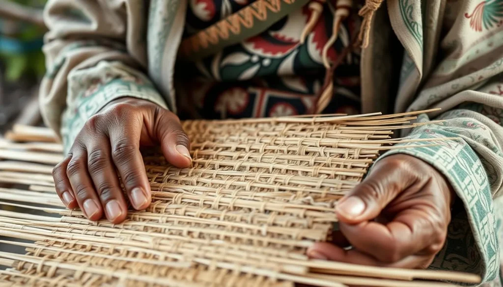 Marshallese artisan weaving a traditional pandanus mat using ancient techniques Marshallese artisan weaving a traditional pandanus mat using ancient techniques